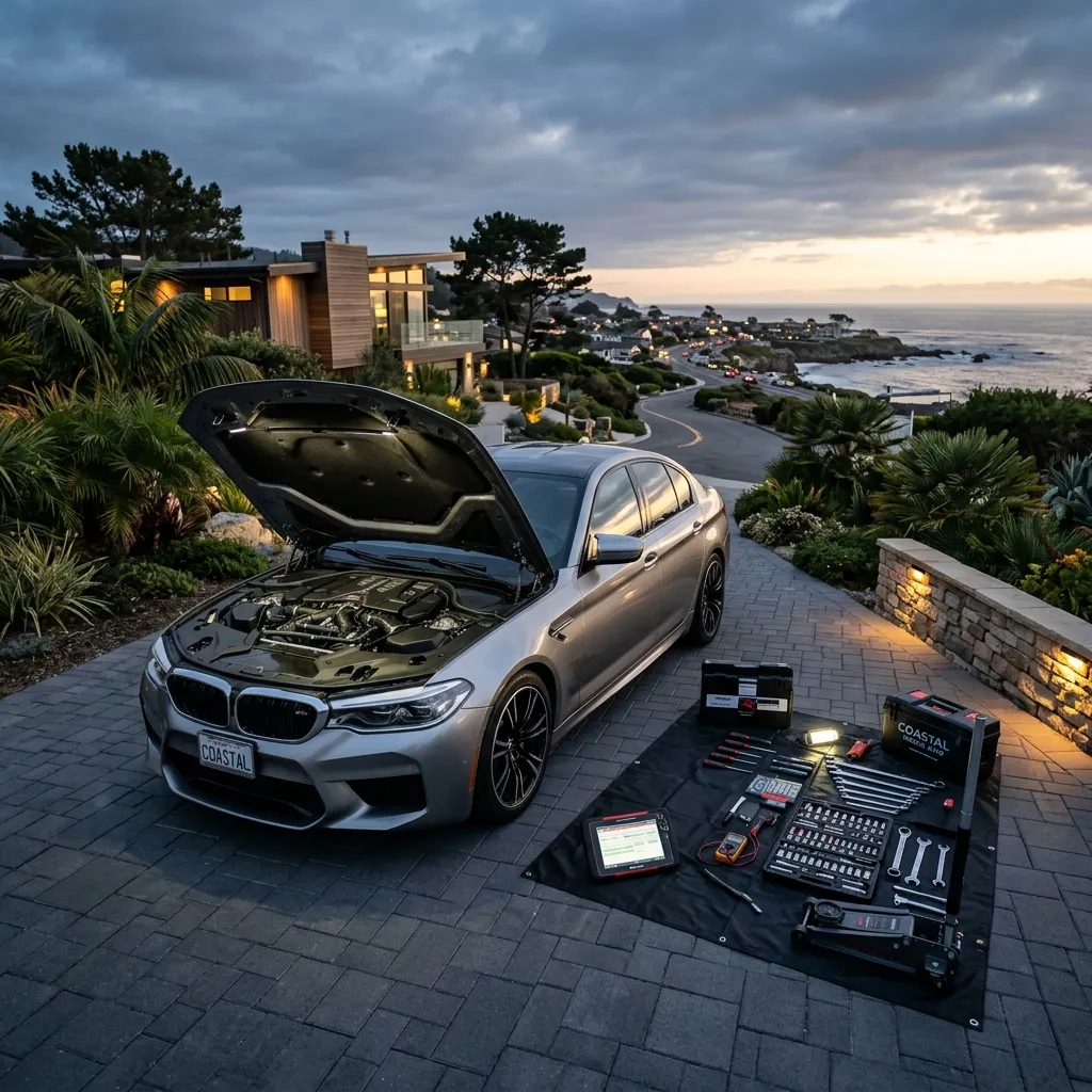 Mechanic working on a car in a driveway